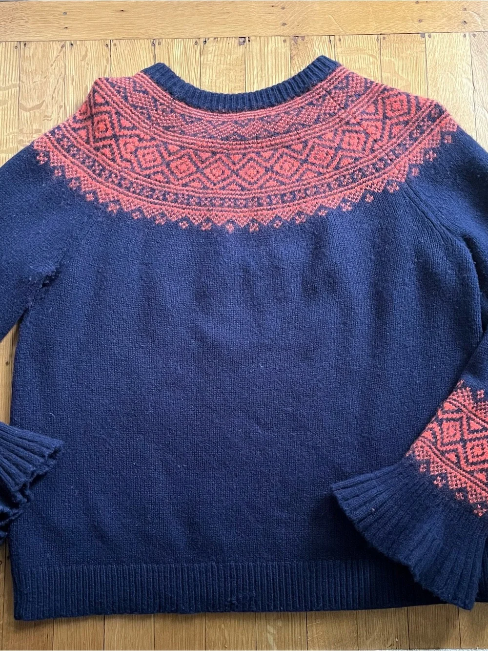 J. Crew Navy Crewneck Sweater with Red Fair Isle Yoke